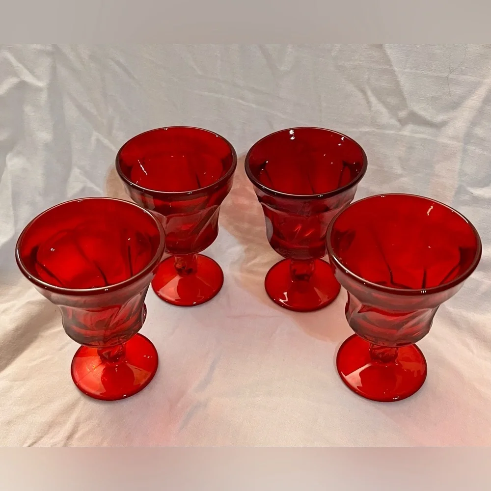 VTG Fostoria Jamestown Ruby Red Champagne Tall Sherbet Glasses Set of 4 Swirl